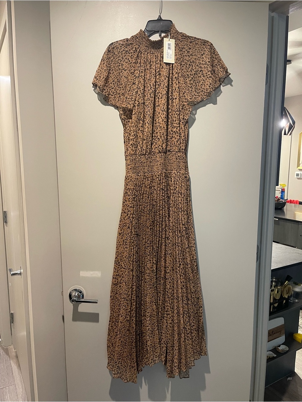 Ramy Brook Brown Leopard Print Midi Dress with Smocked Waist NWT